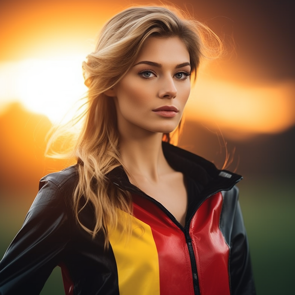 A woman with blonde hair and fair skin and wearing a jacket with the colors of the German flag