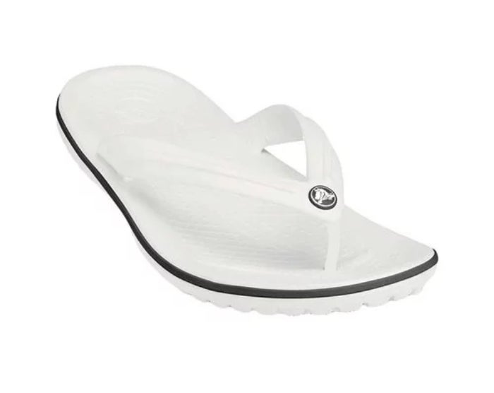 white flip flop sandals with black trim