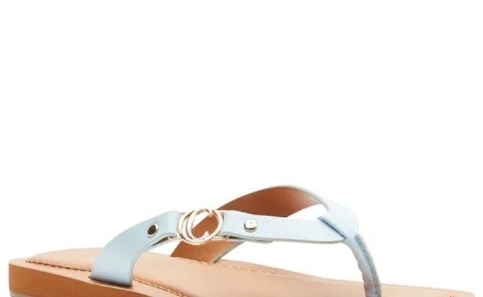 light blue sandals with gold hardware