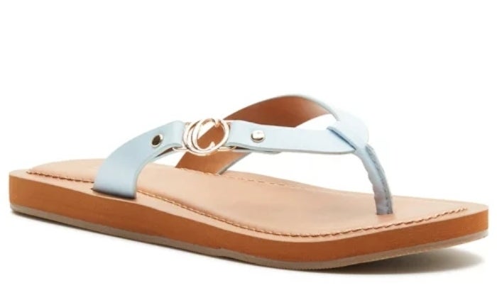 light blue sandals with gold hardware