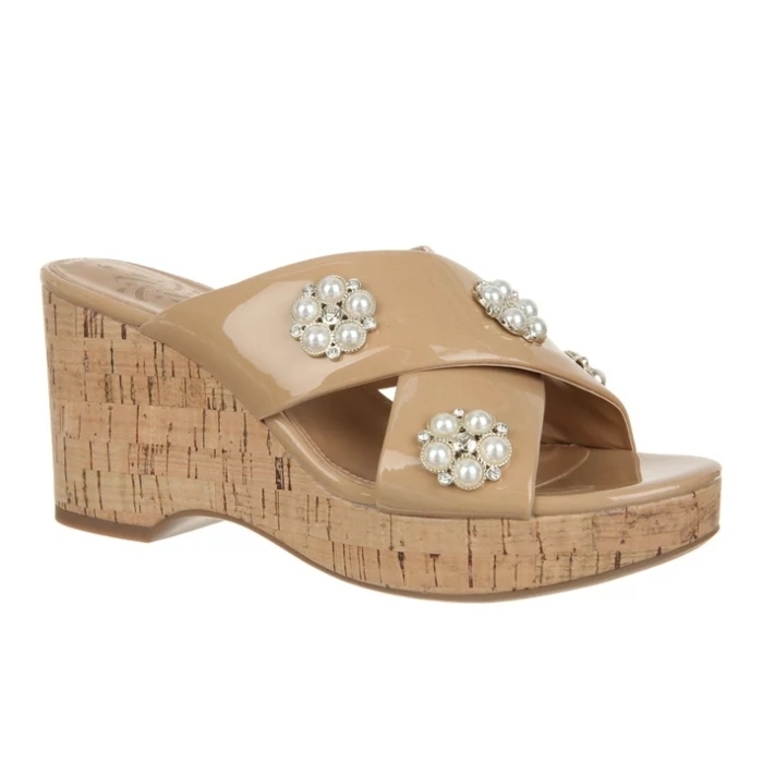 brown corked wedge sandals with pearl and rhinestone details