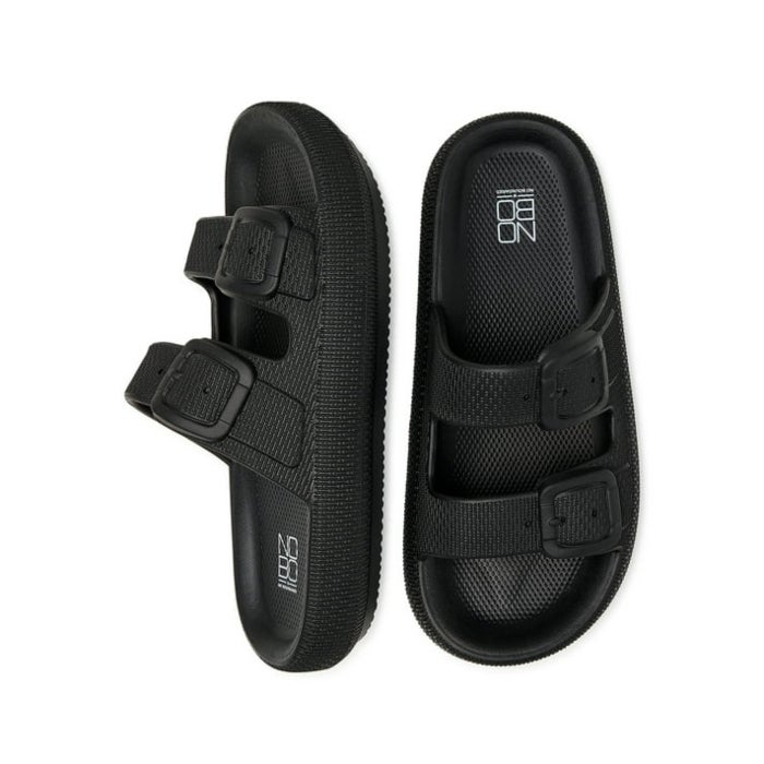 black birkenstock style sandals with straps and buckles