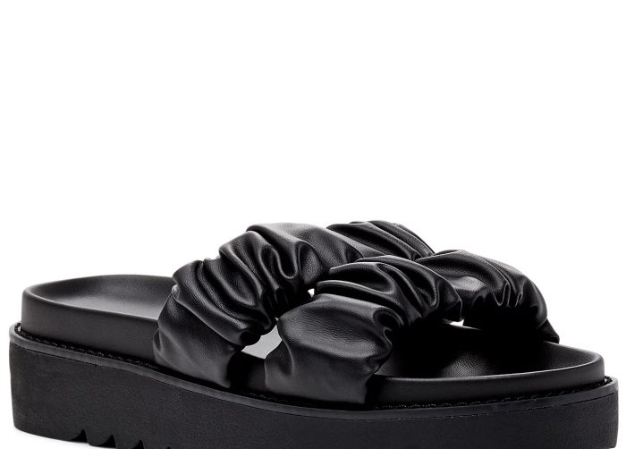 black flatform sandals with ruffled straps