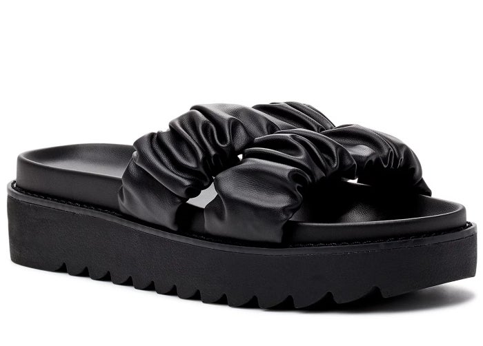black flatform sandals with ruffled straps