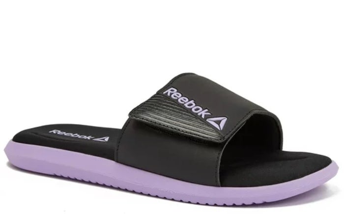 purple and black slide sandals