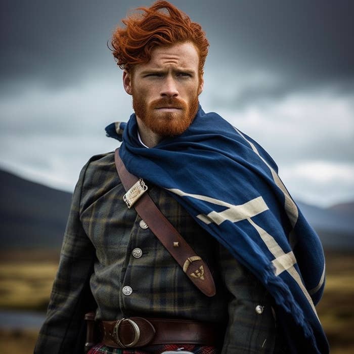 A man with red hair and a royal blue scarf around him