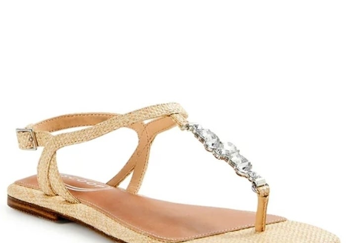 straw strappy sandals with bling crystals
