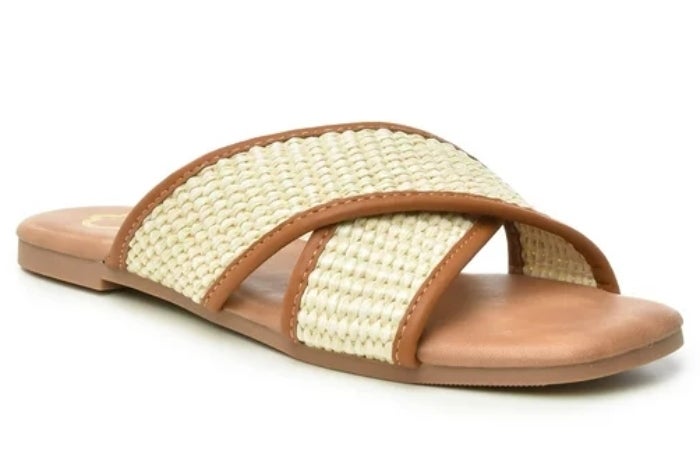 straw flat sandals with brown trim, crossover straps