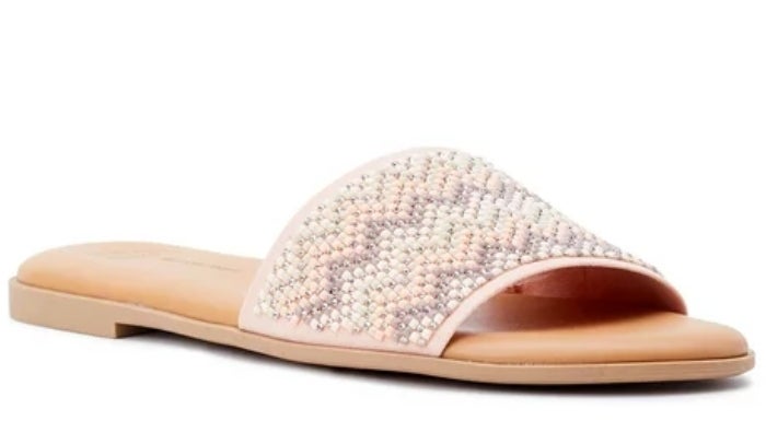 raffia crossband flat slide sandals