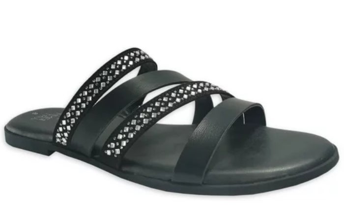 black strappy sandals with rhinestones