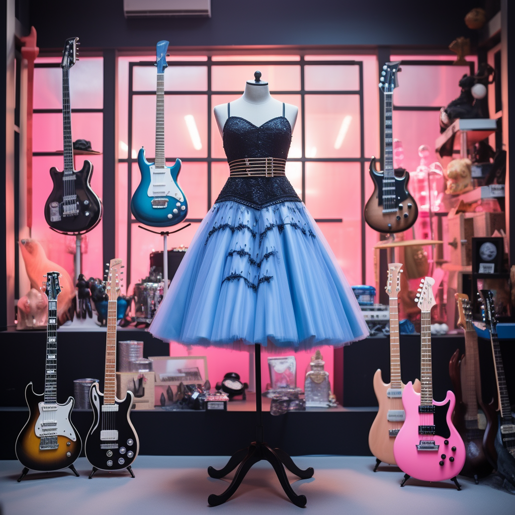 A blue dress with guitars surrounding it