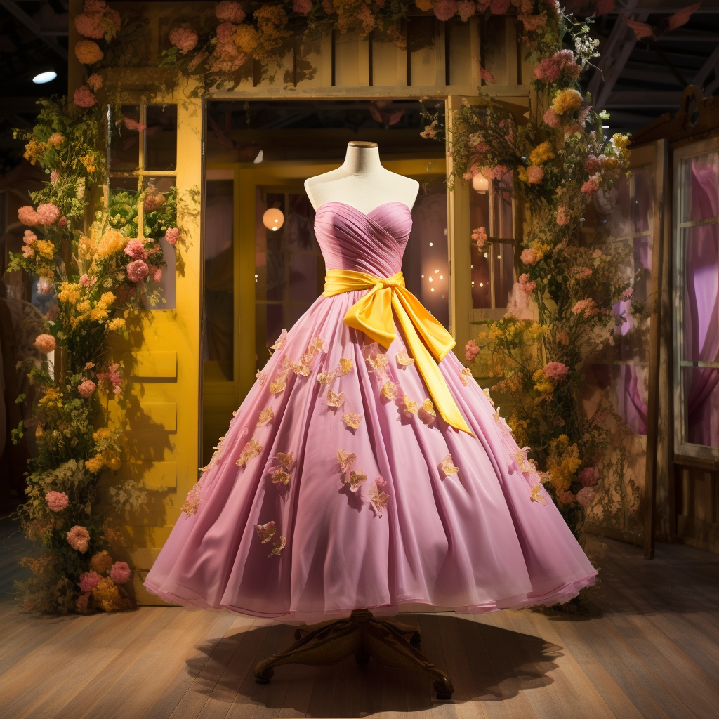 A pink dress with a yellow bow