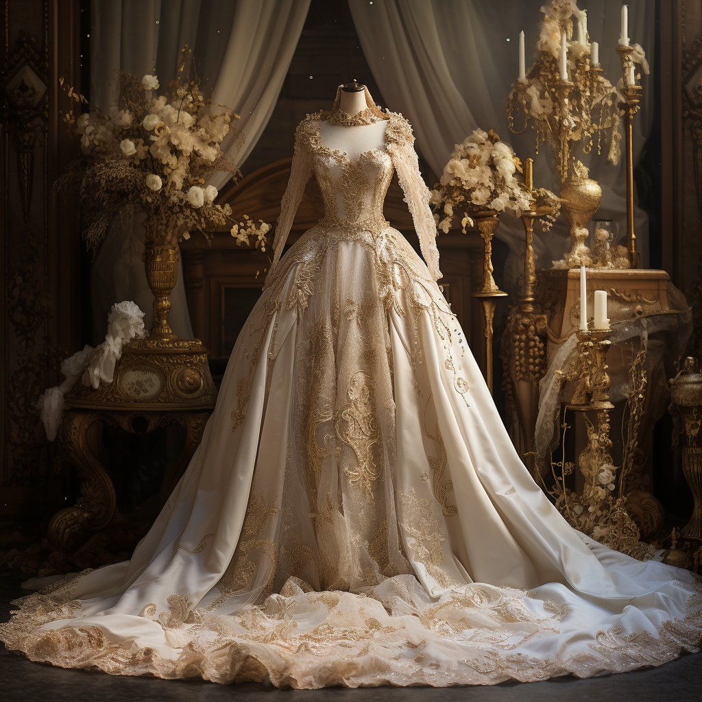 A gold lace wedding dress