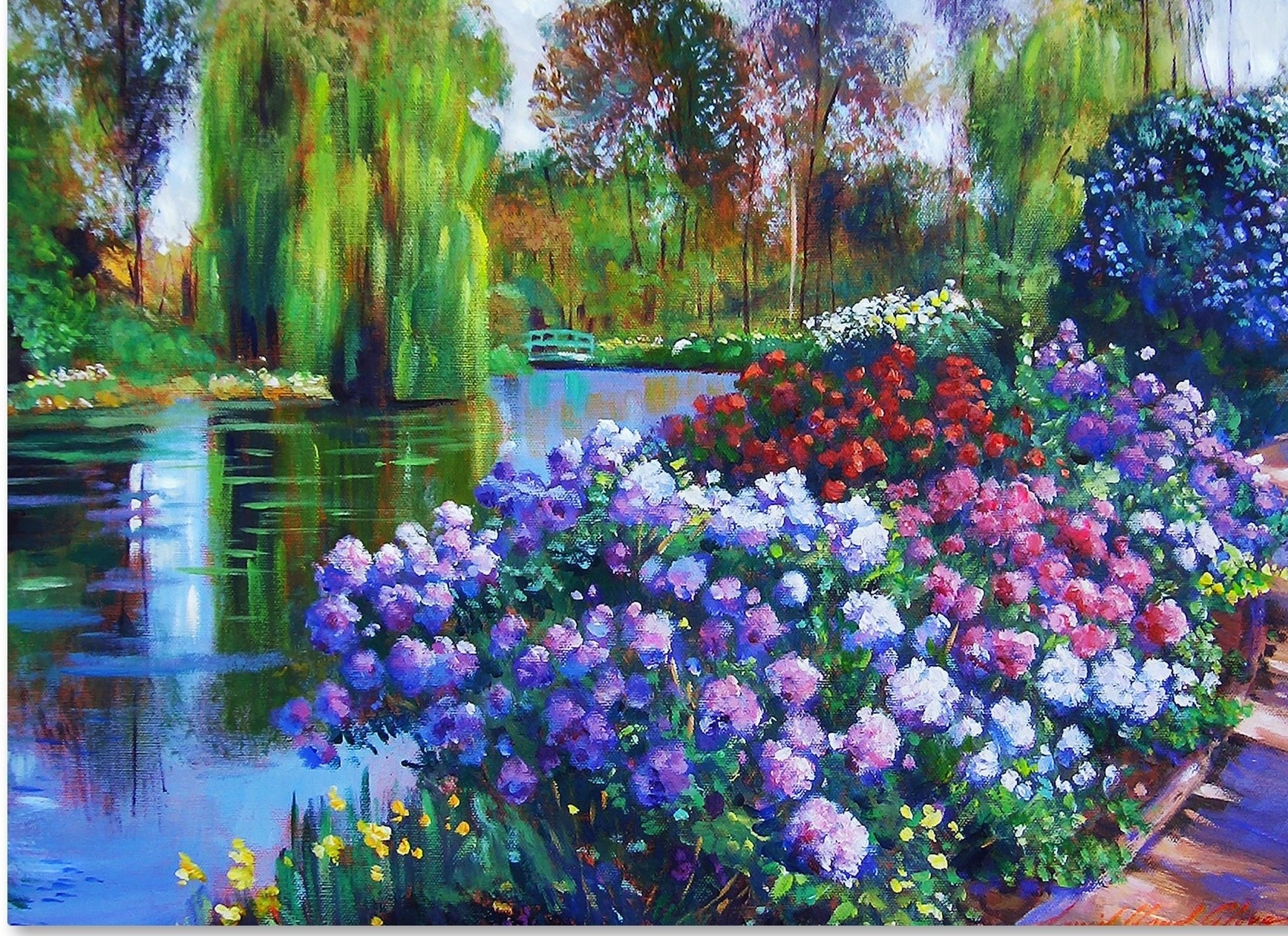 The painting of various colorful flowers along a river