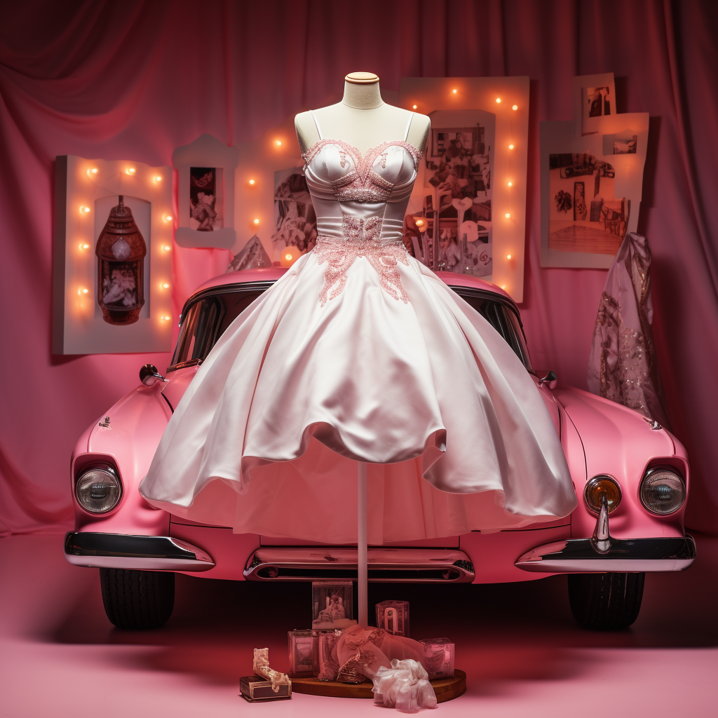 A satin gown with a pink car in the background