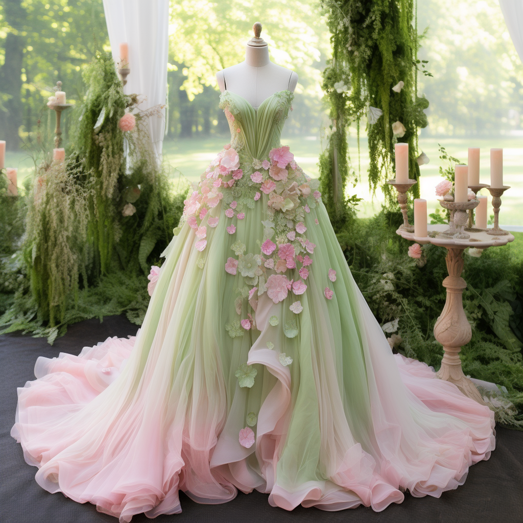 A green and pink dress with flower petals on it