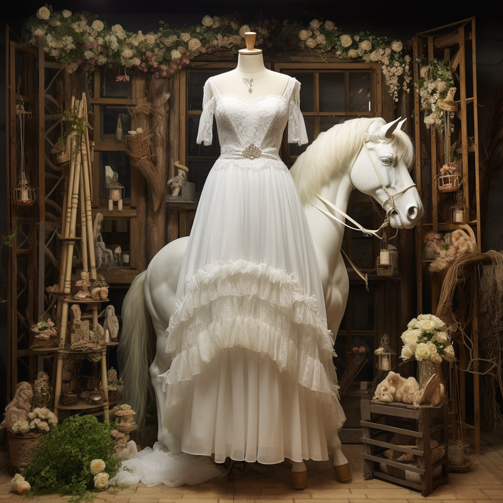 A white dress with a white horse in the background