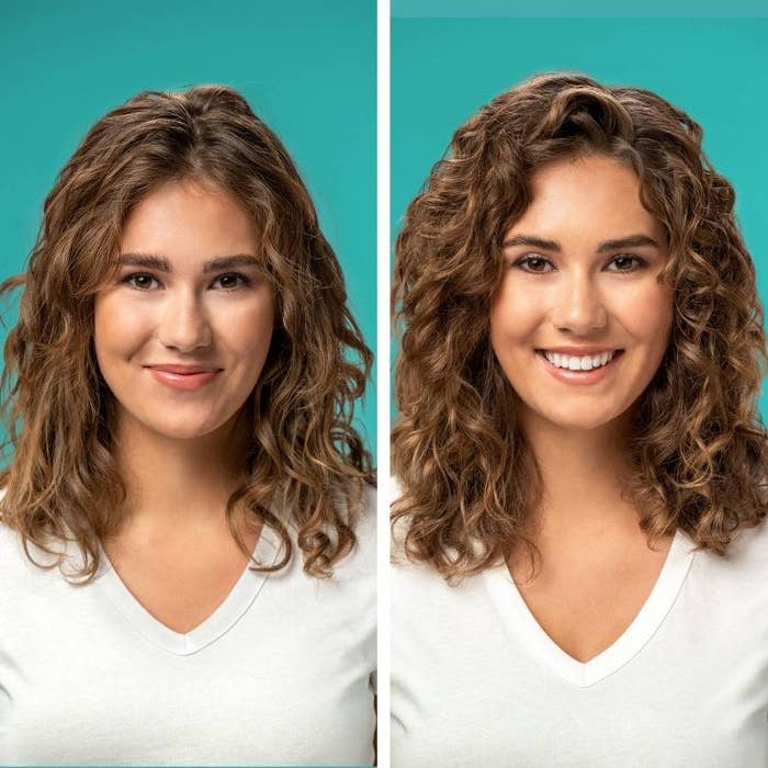 A model showing their hair before and after using the product with a teal backdrop