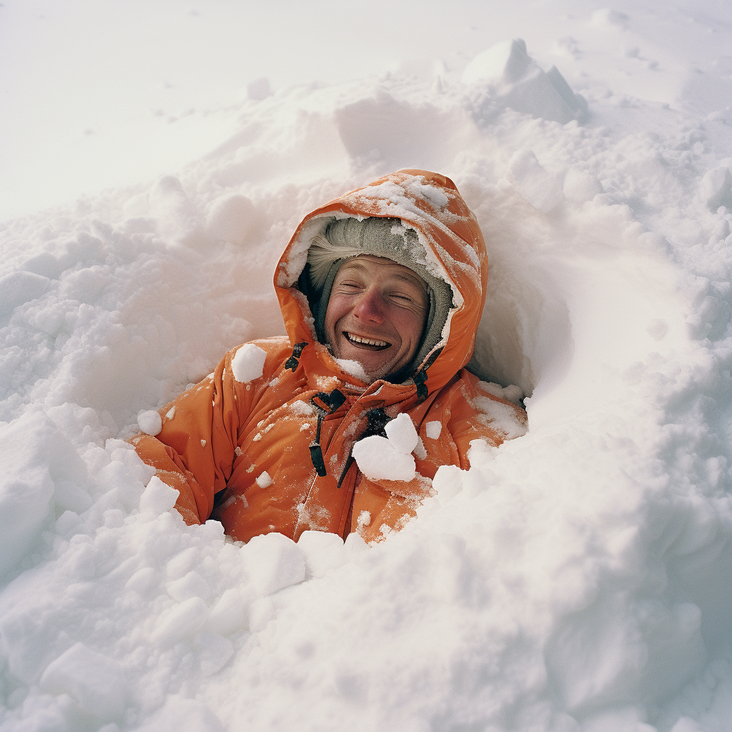 A smiling man wearing a hooded jacket and thick hat, lying in a mound of snow