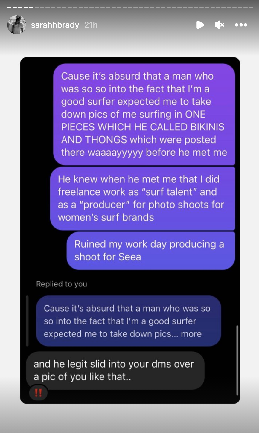 Sarah saying it&#x27;s absurd for a man who knew she was a surfer and freelanced as a &quot;surf talent&quot; who took photos to want her to take down the photos of her surfing