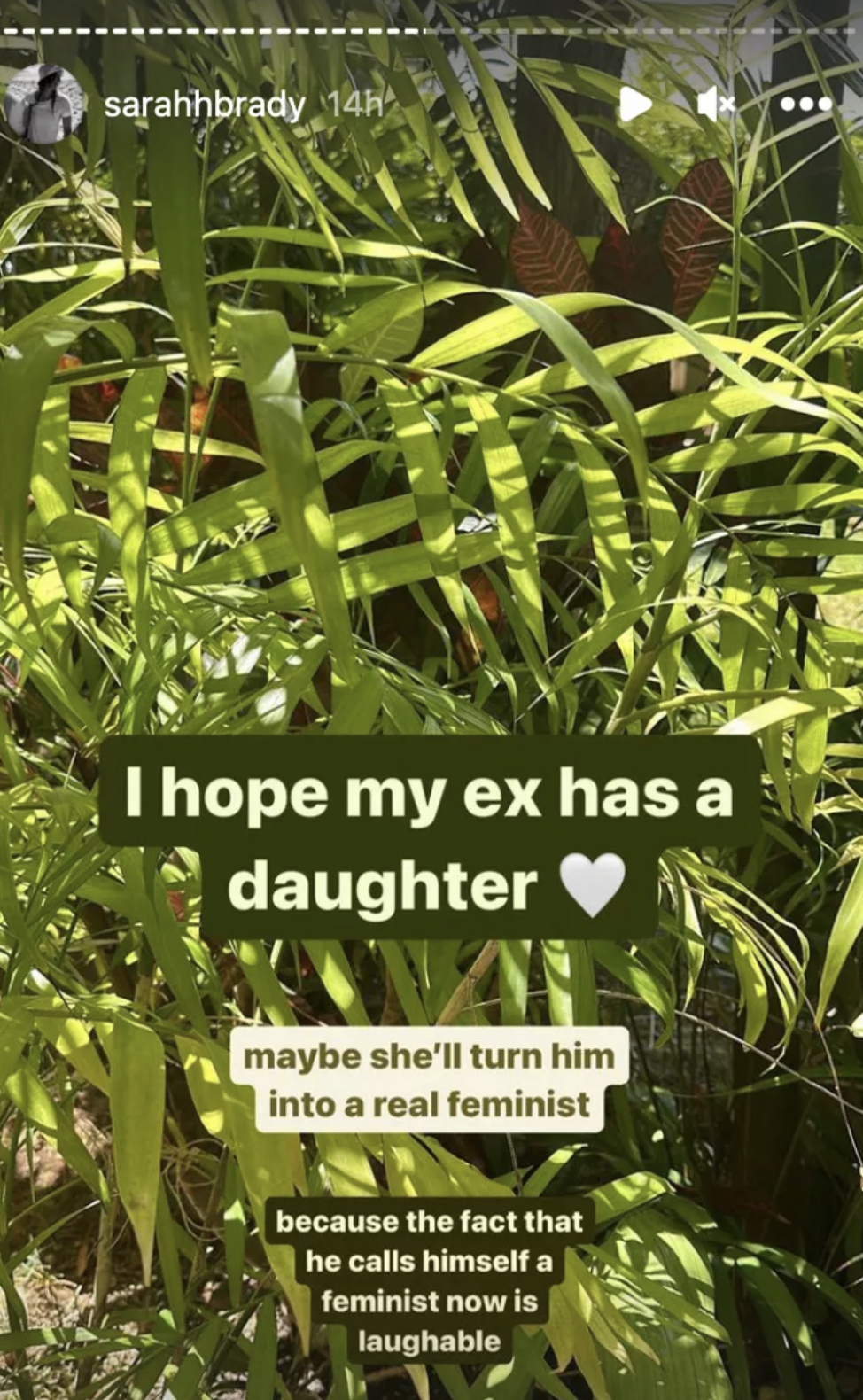 Screenshot of her IG comment: &quot;I hope my ex has a daughter / maybe she&#x27;ll turn him into a real feminist / because the fact that he calls himself a feminist now is laughable&quot;