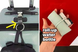 luggage loop attaching a backpack to a rolling bag, silicone roll up water bottle fitting in the palm of a hand