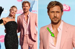 Ryan Gosling and Margot Robbie side by side Ryan Gosling pointing to his necklace