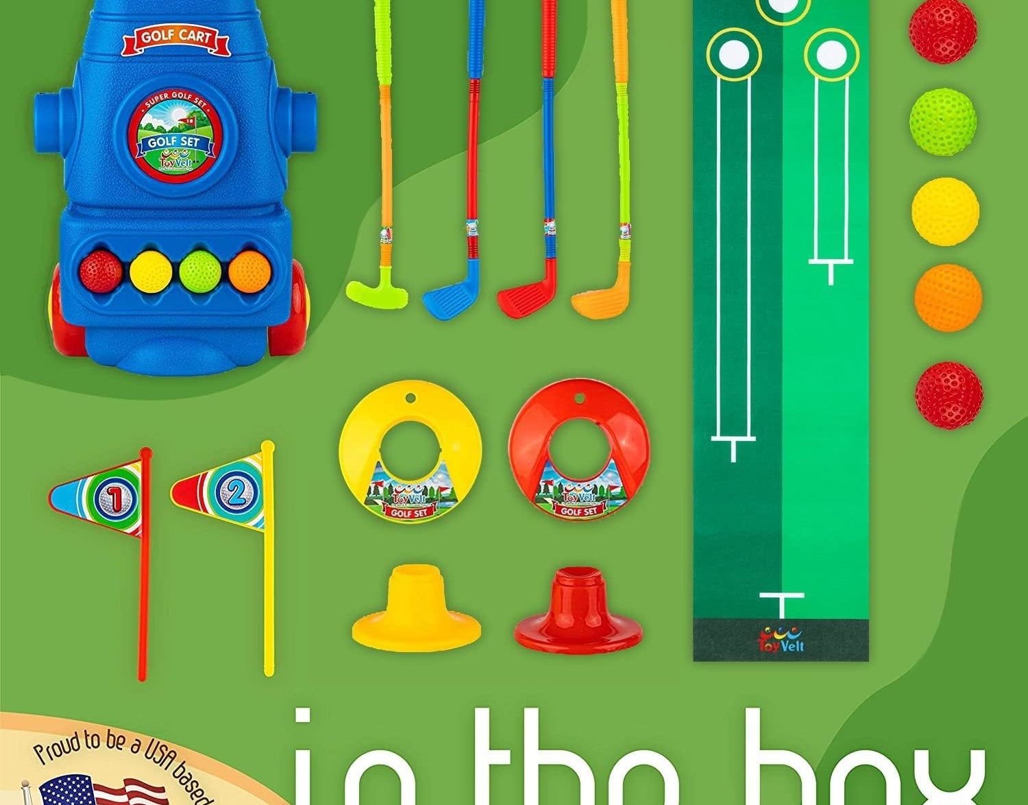 Layout of all the colorful pieces included in the toddler golf set