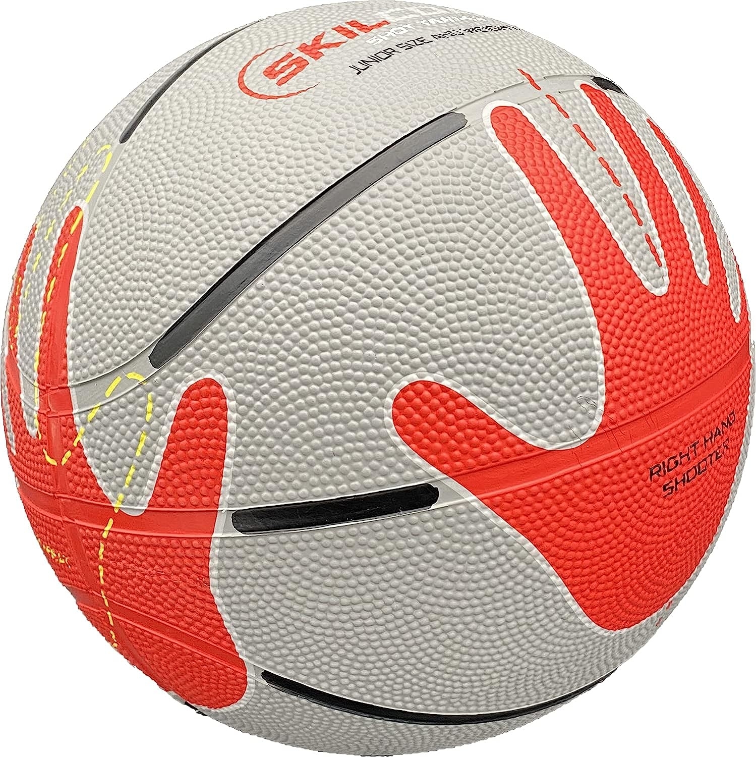Light gray basketball with red hand print and dashed yellow hand prints