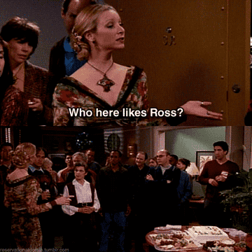 phoebe asking who here likes ross and him being the only one who raises his hand