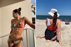 on left: reviewer wearing colorful printed string bikini. on right: reviewer wearing white, red, black colorblock one-piece swimsuit