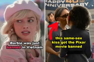 Side-by-sides of Margot Robbie in "Barbie" vs. a lesbian couple kissing in the movie "Lightyear"