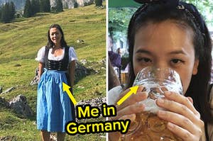 Woman seen in Germany in the outdoors and drinking a beer