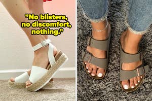 white flatform sandals / gray birkenstock sandals