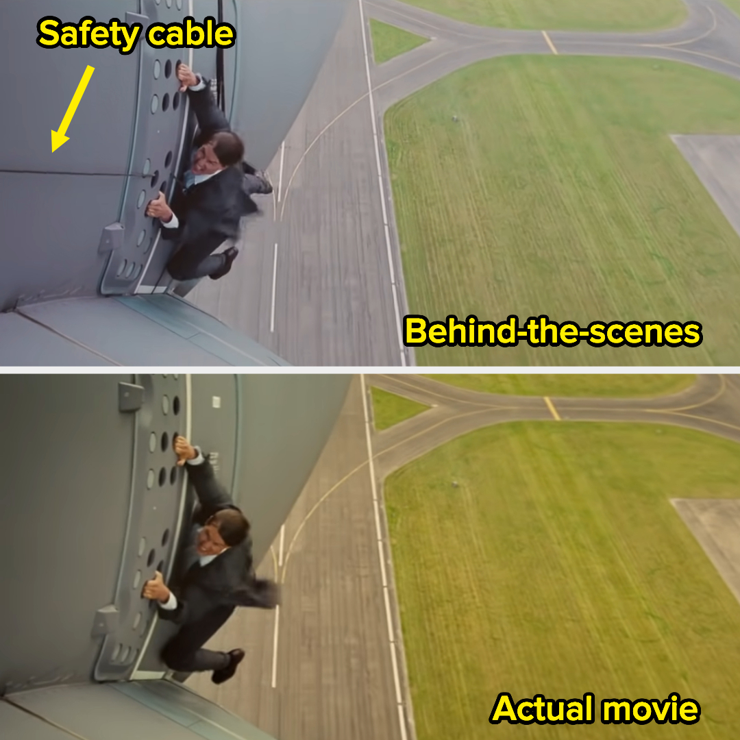 Close-up of the safety cable and the scene without it in the actual movie