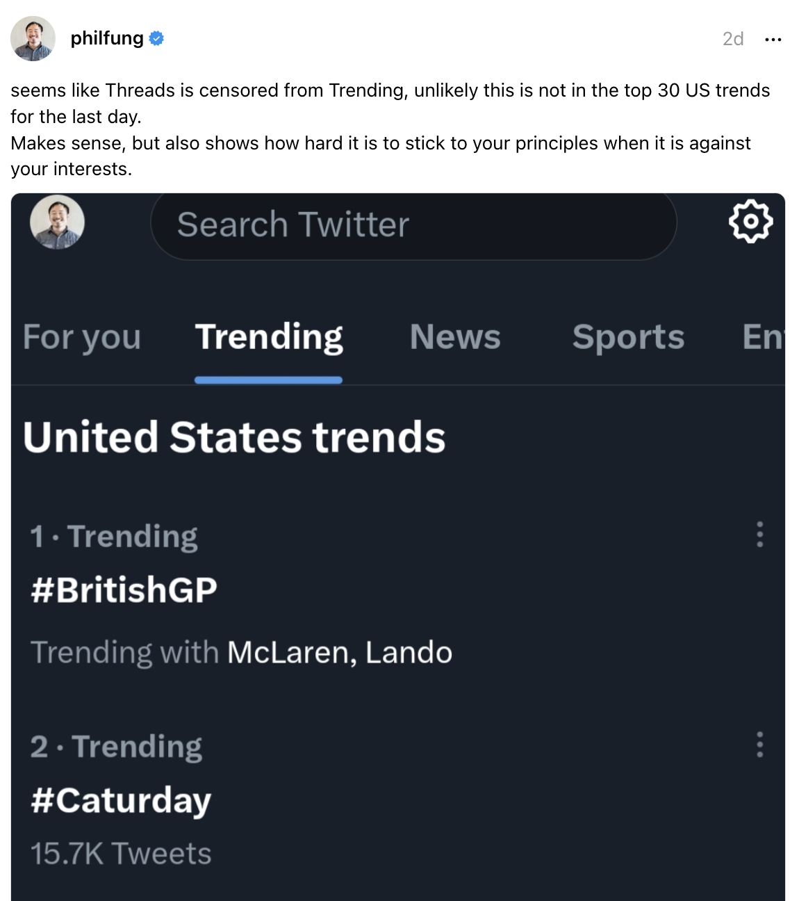 Screenshot of trending things on Twitter that day including &quot;#BritishGP&quot; and #Caturday&quot;