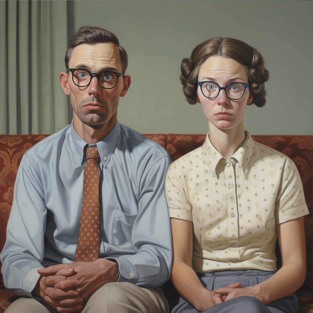 A somber-looking man in a shirt and tie sitting on a couch next to a somber-looking woman with a conservative haircut and wearing a short-sleeved top buttoned to the top; they&#x27;re both wearing glasses and sitting with their hands in their laps