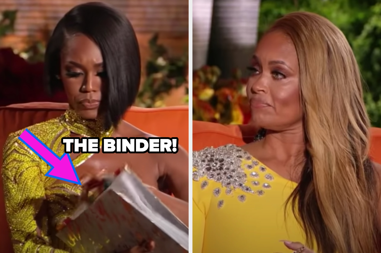 a side by side of women at the real housewives of potomac reunion