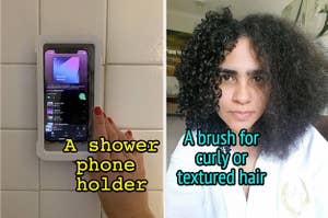 A phone holder installed in a shower/A reviewer with half of the hair with defined curls and the other half frizzy