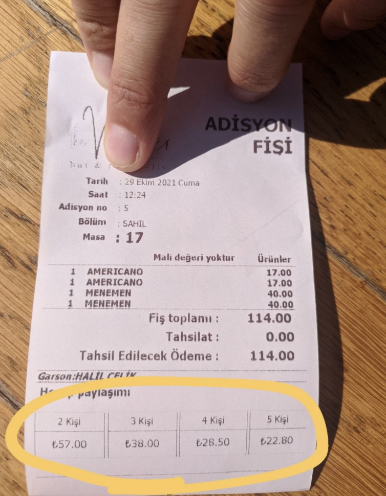 The receipt gives the total amount, then the amount per person if your group has between two and five people