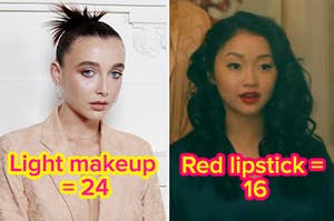 Emma Chamberlain on a red carpet next to a separate image of Lana Condor wearing thick lipstick and eyeliner