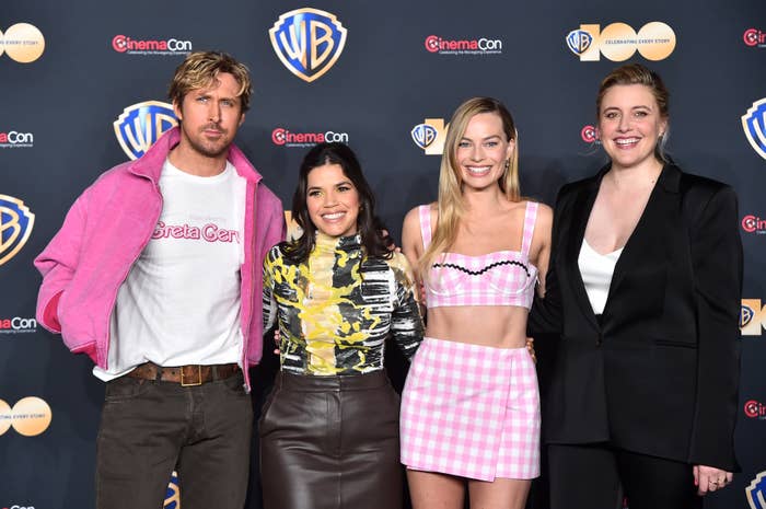 From left to right: Ryan Gosling, America Ferrera, Margot Robbie, and Greta Gerwig on the red carpet
