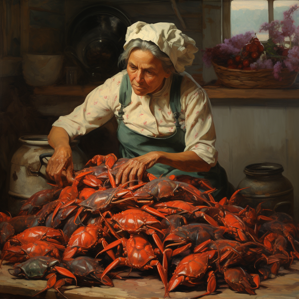 An older woman wearing a kitchen apron and sorting through a mountain of crabs in a kitchen