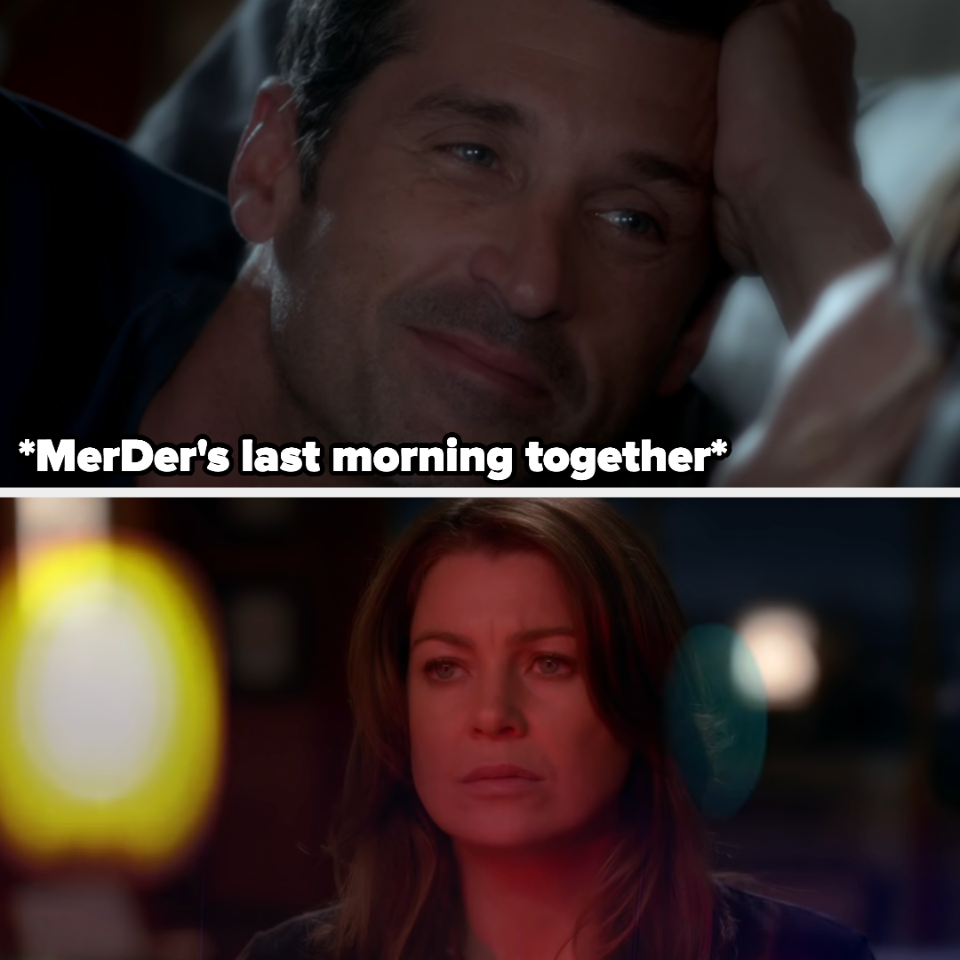Derek smiling at Meredith in bed with caption &quot;MerDer&#x27;s last morning together&quot; and Meredith standing looking at flashing police lights