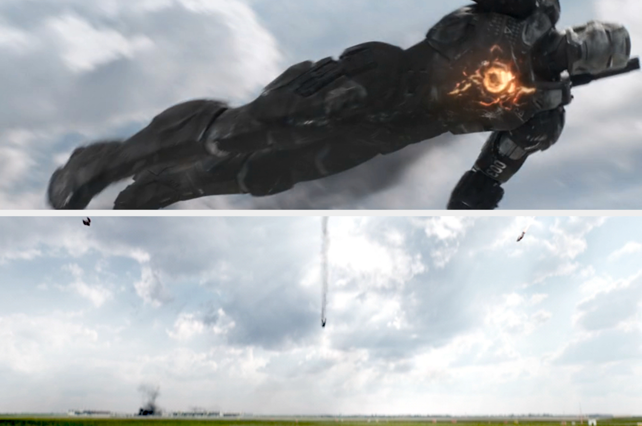 War Machine being shot in the top picture and in the bottom him free falling to the ground