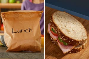 On the left, a paper bag with lunch written on it, and on the right, a ham sandwich
