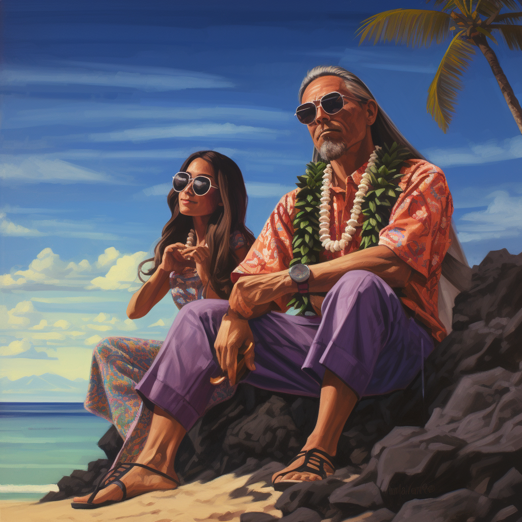 A man with a gray goatee wearing garlands/leis around his neck, sunglasses, loose pants, and sandals sits next to a young woman, also wearing sunglasses, on a rock at the beach