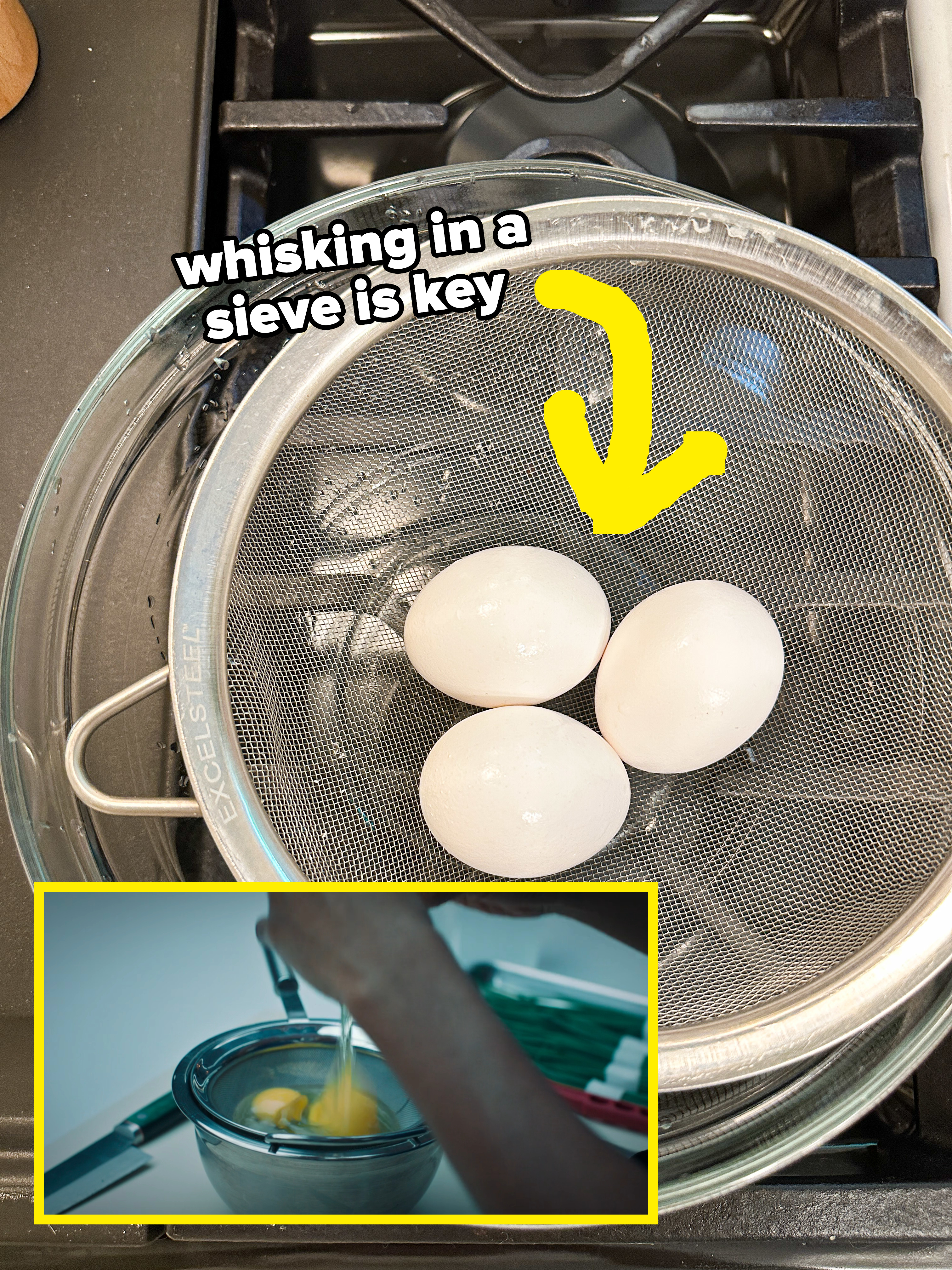 cracking eggs into a metal sieve overtop a mixing bowl