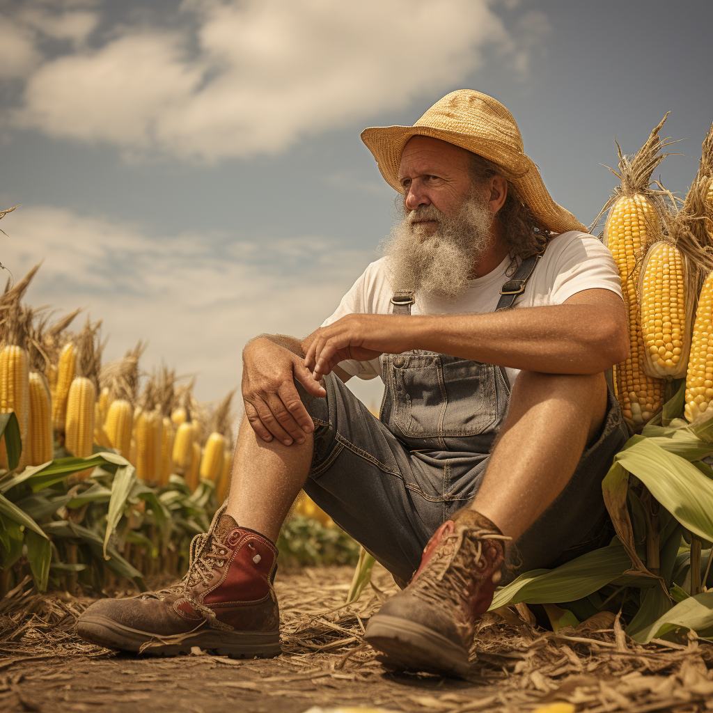 An older man with a gray mustache and long beard and wearing a sun hat, thick boots, and denim shorts is sitting in a cornfield