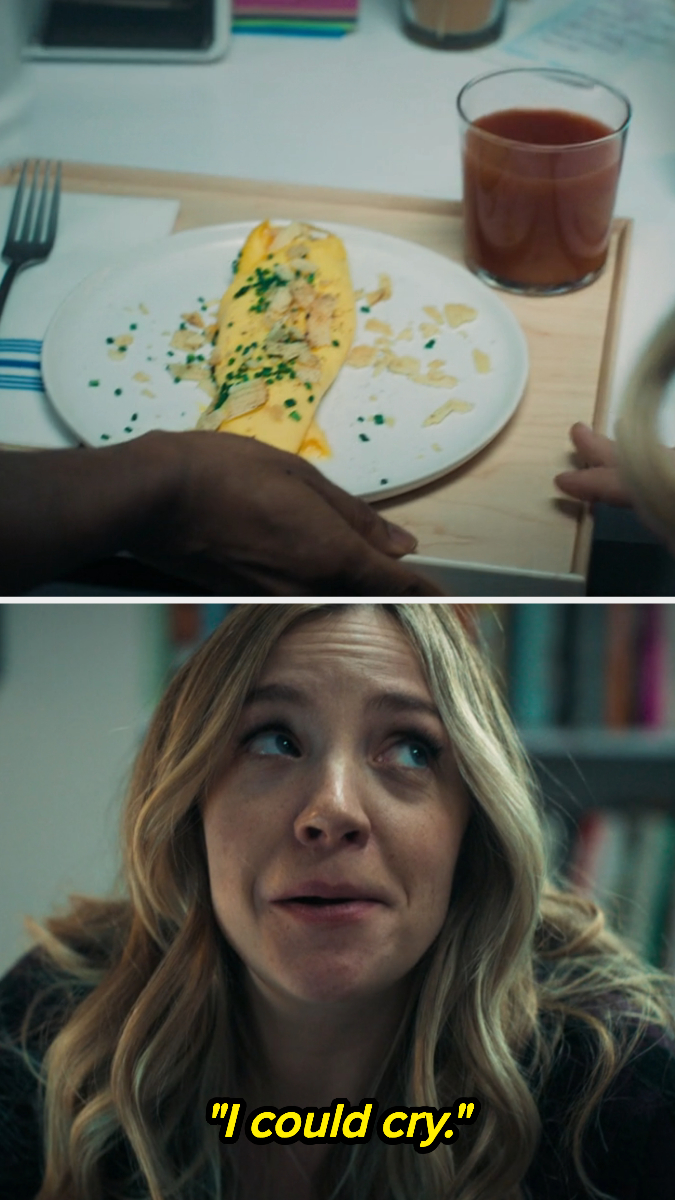 screenshots from The Bear of omelet being served and Natalie saying &quot;I could cry.&quot;